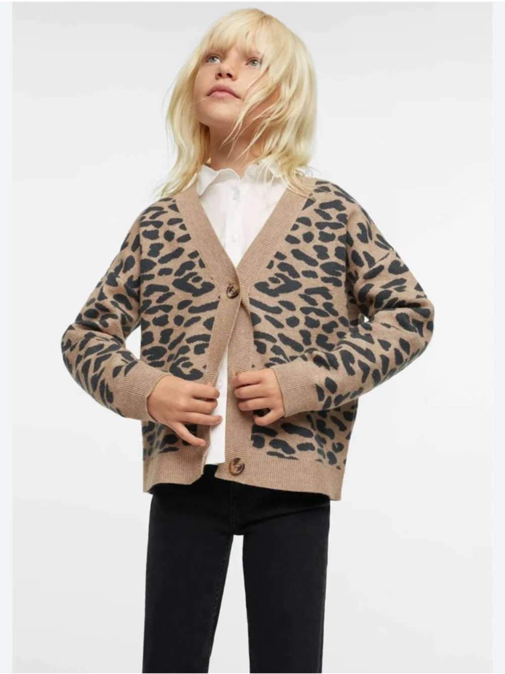 Girls Leopard Print V-Neck Cardigan - Beige/Black
